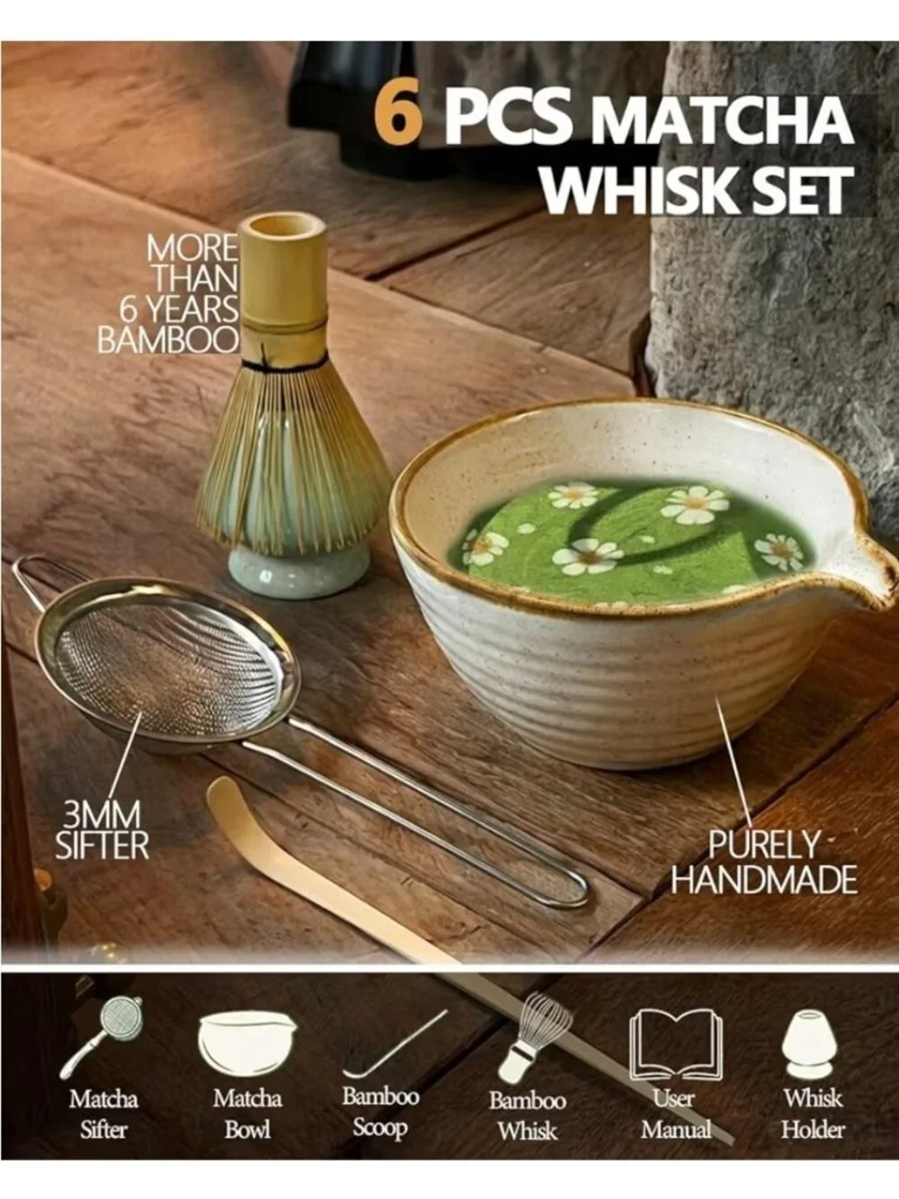 VAIHENG Matcha Whisk Set W/ Handmade Ceramic Bowl And Bamboo Whisks Scoop Sifter